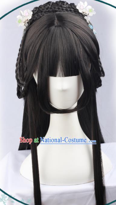 Handmade Chinese Traditional Princess Hanfu Blunt Bangs Black Wigs Sheath Ancient Nobility Lady Chignon for Women