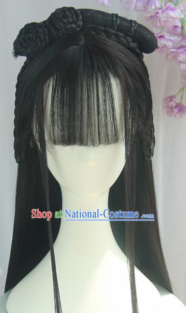 Handmade Chinese Ancient Tang Dynasty Princess Blunt Bangs Chignon Traditional Hanfu Wigs Sheath for Women