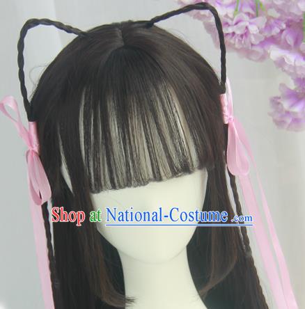 Handmade Chinese Ancient Tang Dynasty Young Lady Blunt Bangs Chignon Traditional Hanfu Wigs Sheath for Women