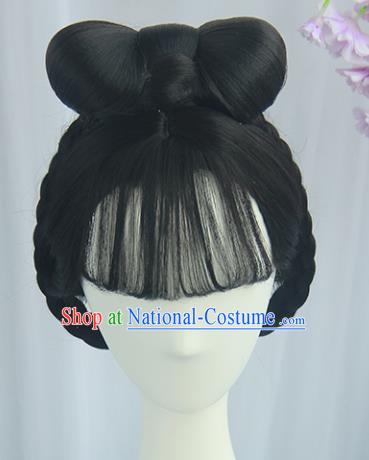 Handmade Chinese Ancient Tang Dynasty Court Maid Headpiece Chignon Traditional Hanfu Blunt Bangs Wigs Sheath for Women