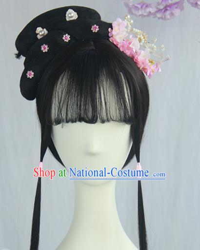 Handmade Chinese Ancient Ming Dynasty Young Lady Headpiece Chignon Traditional Hanfu Blunt Bangs Wigs Sheath for Women