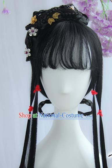 Handmade Chinese Ancient Song Dynasty Young Lady Headpiece Chignon Traditional Hanfu Wigs Sheath for Women