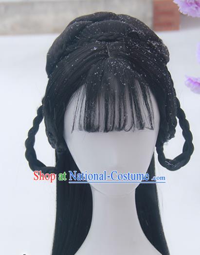 Handmade Chinese Ancient Peri Headpiece Chignon Traditional Hanfu Blunt Bangs Wigs Sheath for Women