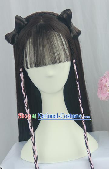 Handmade Chinese Ancient Young Lady Headpiece Blunt Bangs Chignon Traditional Hanfu Wigs Sheath for Women