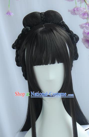 Handmade Chinese Ancient Peri Headpiece Chignon Traditional Hanfu Blunt Bangs Wigs Sheath for Women