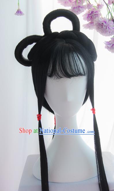 Handmade Chinese Ancient Headpiece Chignon Traditional Hanfu Blunt Bangs Wigs Sheath for Women