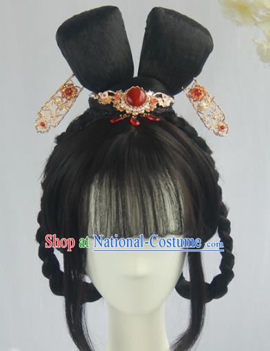 Handmade Chinese Ancient Song Dynasty Princess Headpiece Chignon Traditional Hanfu Blunt Bangs Wigs Sheath for Women