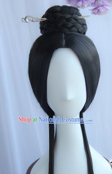 Handmade Chinese Ancient Han Dynasty Princess Headpiece Chignon Traditional Hanfu Blunt Bangs Wigs Sheath for Women