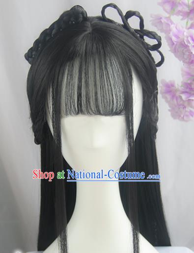 Handmade Chinese Ancient Swordswoman Headpiece Chignon Traditional Hanfu Blunt Bangs Wigs Sheath for Women