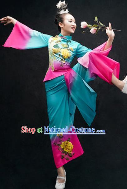 Chinese Classical Dance Costume Traditional Umbrella Dance Blue Clothing for Women