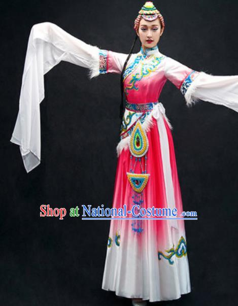 Chinese Zang Nationality Dance Costume Traditional Tibetan Bride Pink Dress Clothing for Women