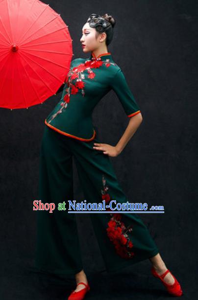 Chinese Folk Dance Yangko Atrovirens Costume Traditional Fan Dance Clothing for Women