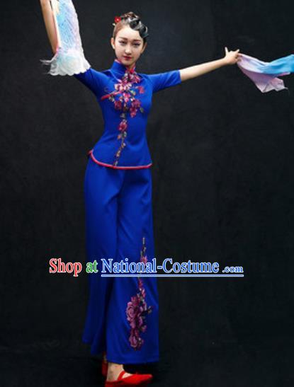 Chinese Folk Dance Yangko Royalblue Costume Traditional Fan Dance Clothing for Women