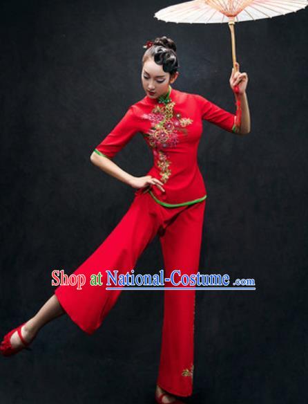 Chinese Folk Dance Yangko Red Costume Traditional Fan Dance Clothing for Women