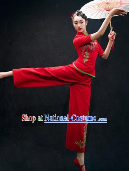 Chinese Folk Dance Yangko Red Costume Traditional Fan Dance Clothing for Women