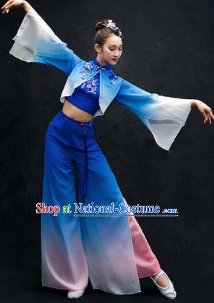 Chinese Folk Dance Yangko Stage Performance Royalblue Costume Traditional Fan Dance Clothing for Women