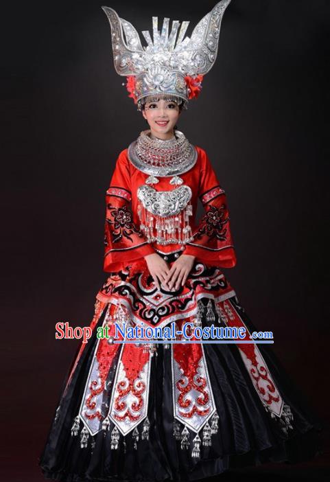 Chinese Miao Nationality Ethnic Dance Costume Traditional Hmong Wedding Bride Red Dress and Headwear for Women