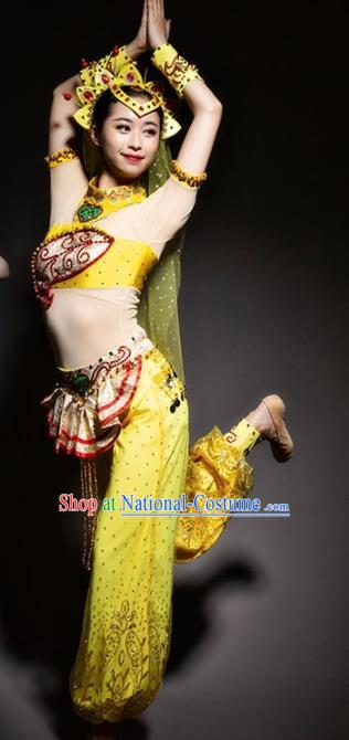 Chinese Uyghur Nationality Ethnic Dance Costume Traditional Indian Dance Yellow Clothing for Women