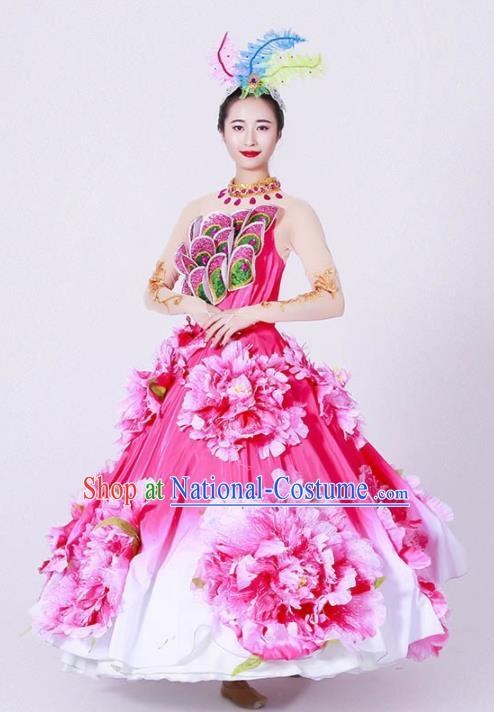 Chinese Spring Festival Gala Classical Dance Costume Traditional Opening Dance Peony Rosy Dress for Women