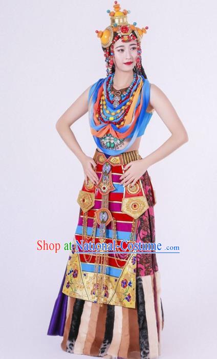 Chinese Zang Nationality Ethnic Dance Costume Traditional Tibetan Minority Dance Dress for Women