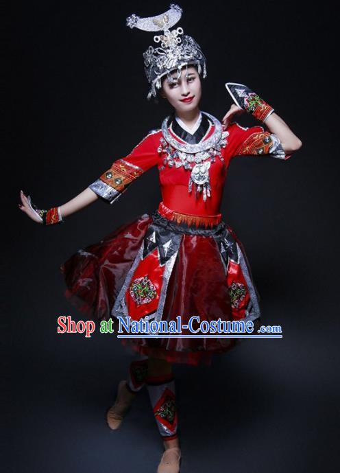 Chinese Miao Nationality Ethnic Dance Costume Traditional Hmong Minority Dance Red Bubble Dress for Women