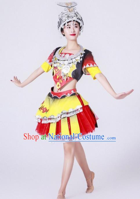 Chinese Miao Nationality Ethnic Dance Costume Traditional Hmong Minority Dance Bubble Dress for Women