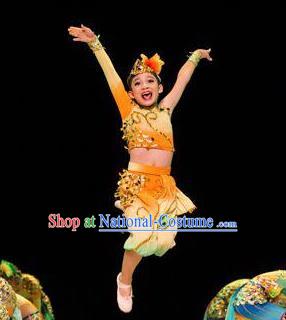 Chinese Folk Dance Stage Performance Costume Traditional Yangko Dance Yellow Clothing for Kids