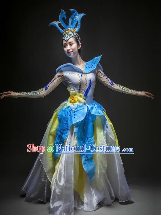 Chinese Modern Dance Stage Costume Traditional Opening Dance Blue Bubble Dress for Women