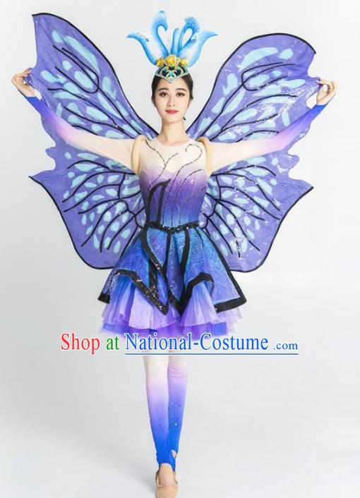 Chinese Modern Dance Stage Costume Traditional Opening Dance Purple Butterfly Bubble Dress for Women