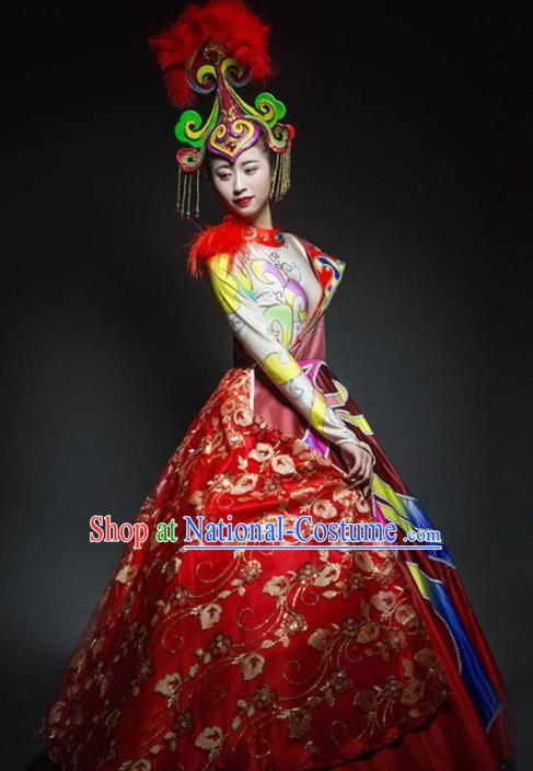 Chinese Modern Dance Stage Costume Traditional Spring Festival Gala Opening Dance Red Dress for Women