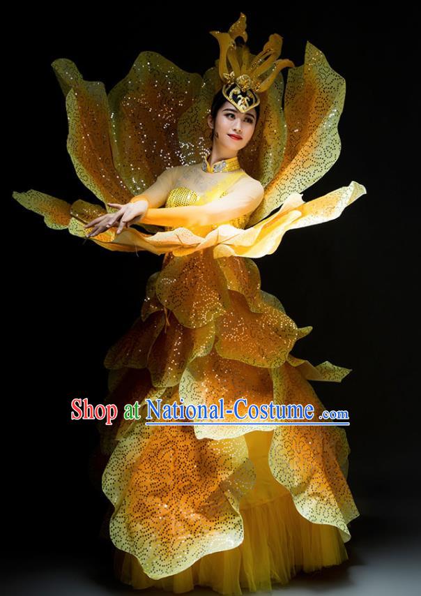 Chinese Modern Dance Peony Dance Stage Costume Traditional Spring Festival Gala Opening Dance Yellow Dress for Women