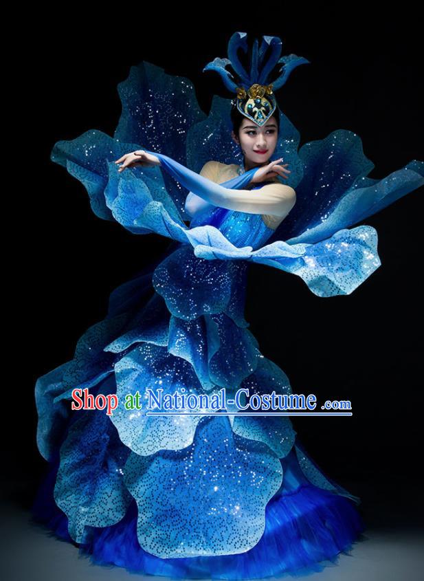 Chinese Modern Dance Peony Dance Stage Costume Traditional Spring Festival Gala Opening Dance Royalblue Dress for Women