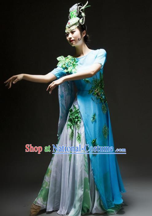 Chinese Classical Dance Chorus Costume Traditional Stage Performance Blue Dress for Women