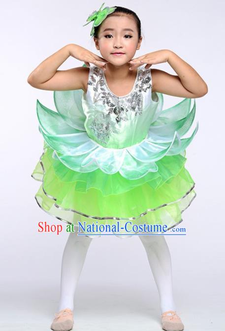 Chinese Modern Dance Stage Performance Costume Opening Dance Green Bubble Dress for Kids