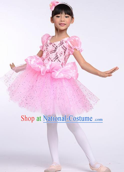 Chinese Modern Dance Stage Performance Costume Opening Dance Pink Bubble Dress for Kids