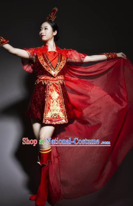 Chinese Traditional Stage Performance Costume Folk Dance Drum Dance Red Dress for Women