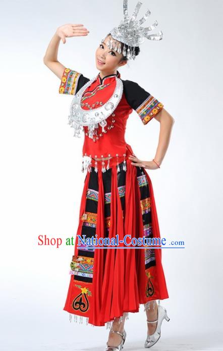 Chinese Traditional Miao Nationality Ethnic Dance Costume Minority Folk Dance Red Dress for Women