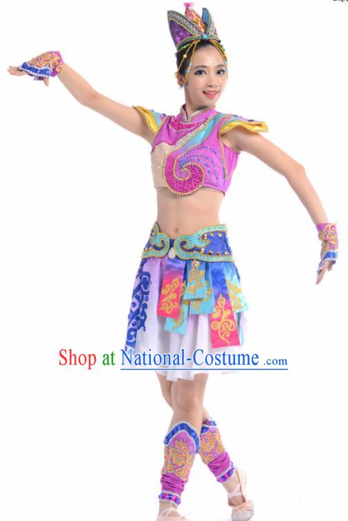 Chinese Traditional Mongol Nationality Ethnic Dance Purple Costume Minority Folk Dance Dress for Women