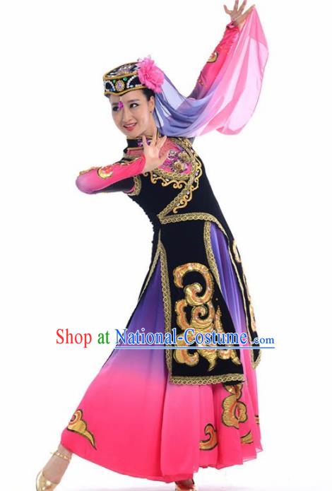 Chinese Traditional Uyghur Nationality Ethnic Dance Rosy Costume Minority Folk Dance Dress for Women