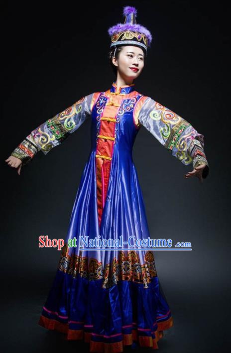 Chinese Traditional Mongol Nationality Ethnic Dance Royalblue Costume Minority Folk Dance Dress for Women