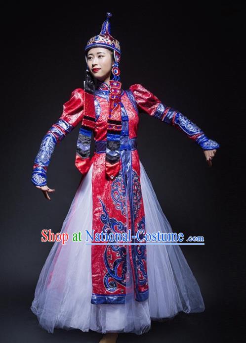 Chinese Traditional Mongol Nationality Ethnic Dance Costume Minority Princess Folk Dance Red Dress for Women