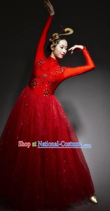 Chinese Modern Dance Stage Costume Traditional Spring Festival Gala Opening Dance Red Veil Dress for Women