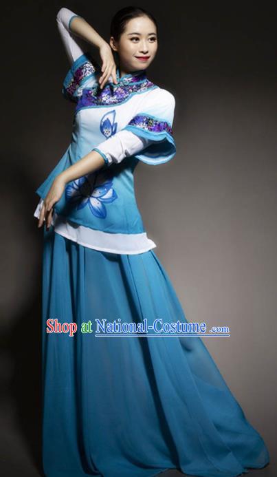 Chinese Classical Dance Blue Dress Traditional Umbrella Dance Stage Performance Costume for Women