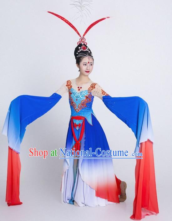 Chinese Classical Dance Blue Water Sleeve Dress Traditional Umbrella Dance Stage Performance Costume for Women