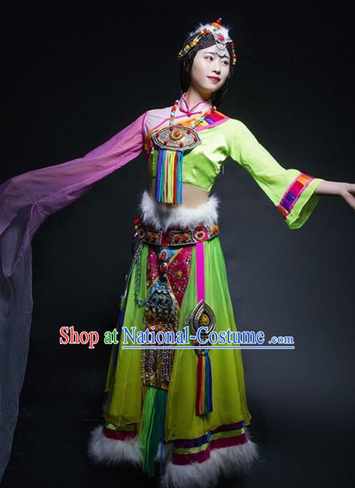 Chinese Traditional Zang Nationality Ethnic Dance Costume Tibetan Minority Folk Dance Green Dress for Women