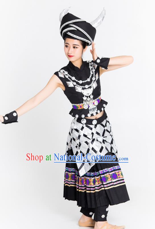 Chinese Traditional Yi Nationality Ethnic Dance Costume Minority Folk Dance Black Dress for Women