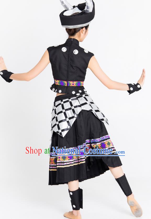 Chinese Traditional Yi Nationality Ethnic Dance Costume Minority Folk Dance Black Dress for Women