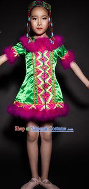 Chinese Evenki Nationality Stage Performance Costume Traditional Ethnic Minority Green Clothing for Kids