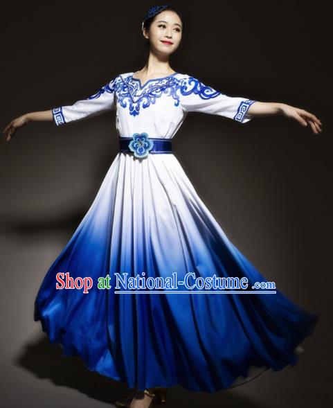 Chinese Modern Dance Stage Costume Traditional Chorus Group Dance Royalblue Dress for Women