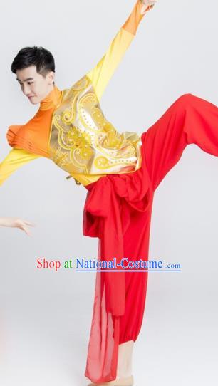 Chinese Traditional Drum Dance Stage Performance Golden Costume Folk Dance Clothing for Men